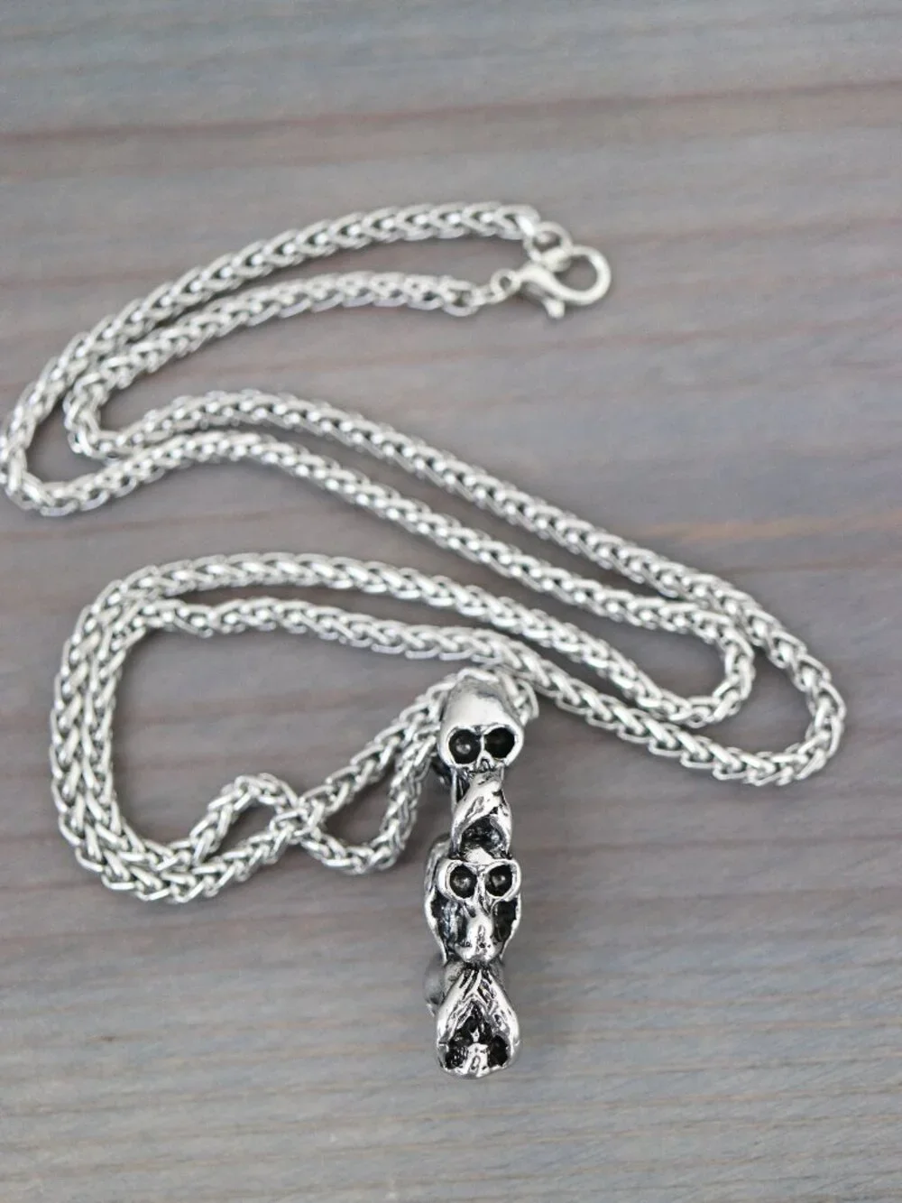 3 Skull Head Style Pendant Necklace Silver Stainless Steel